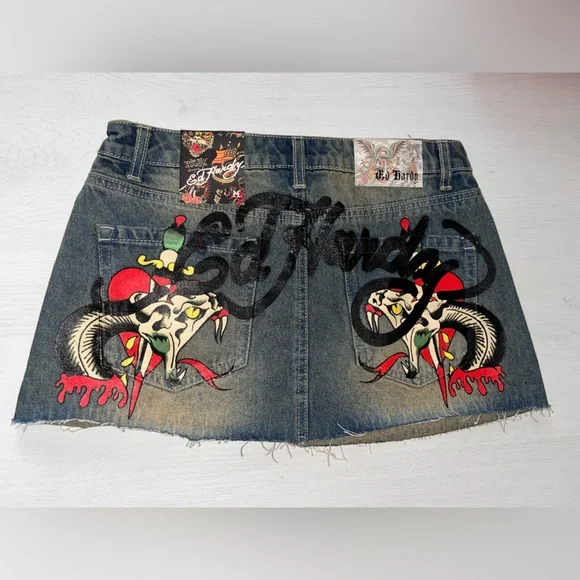 BNWT!! Ed Hardy Blue Denim Skirt with Graphic Design